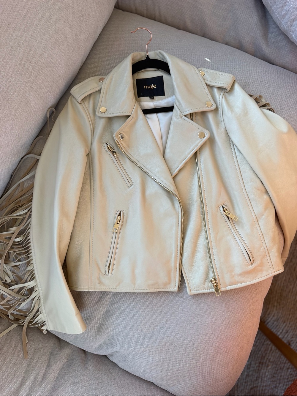Maje Cream Leather Biker Jacket with Gold Hardware